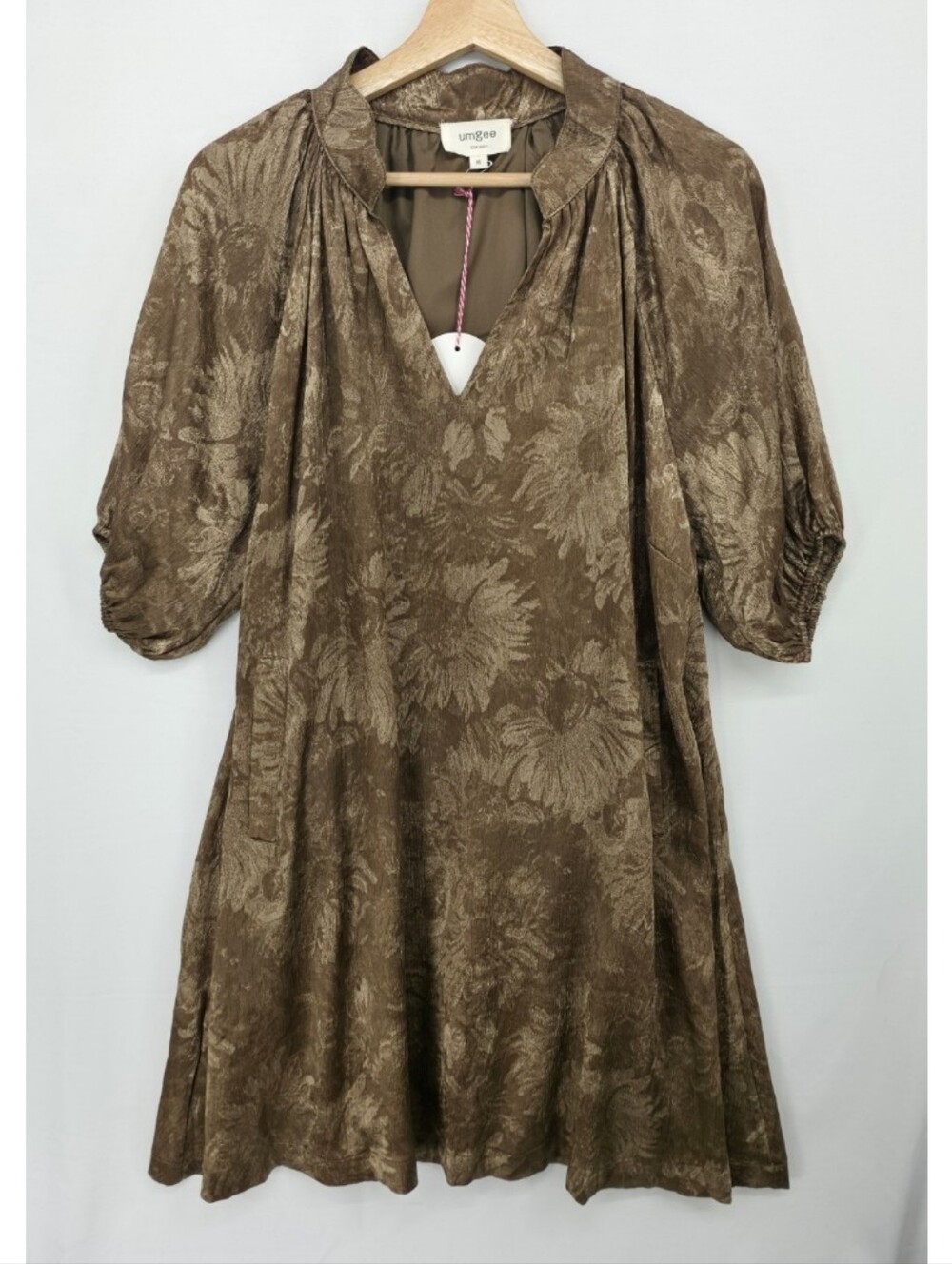 Umgee NWT Bronze Floral Jacquard Puff Sleeve Swing Bohemian Dress Size Medium - Picture 3 of 16